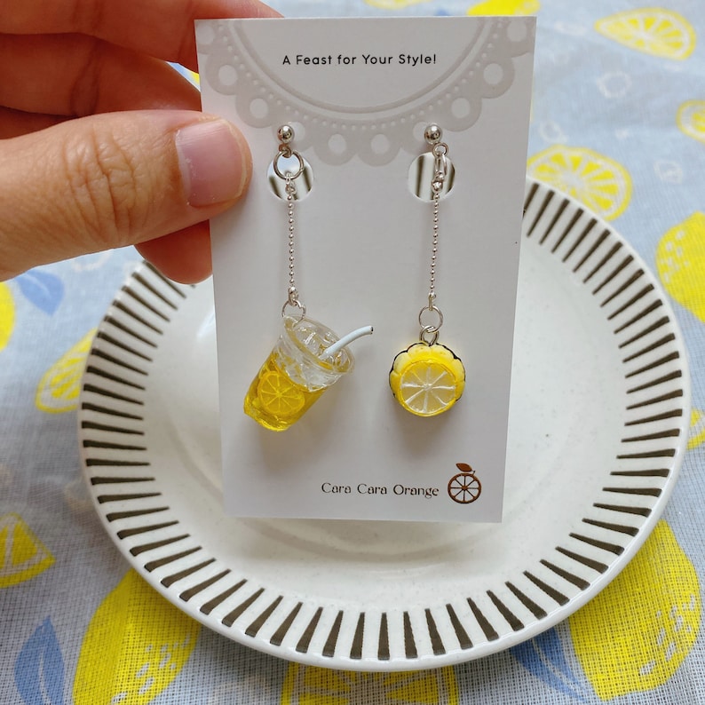 Lemon Tea & Cake Earrings: Handmade Resin Clay Dessert Jewelry