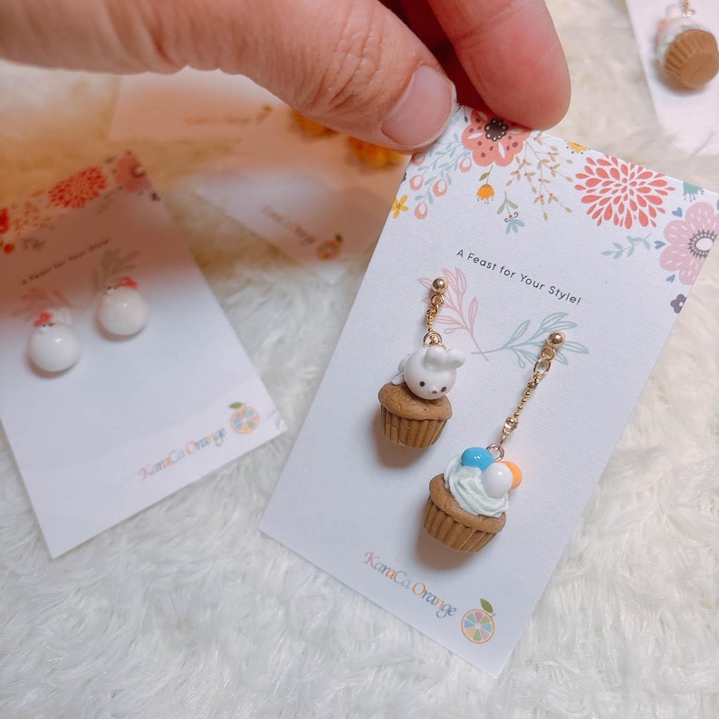 Handmade Rabbit Cupcake Earrings: Easter Theme, Pierced or Clip-on