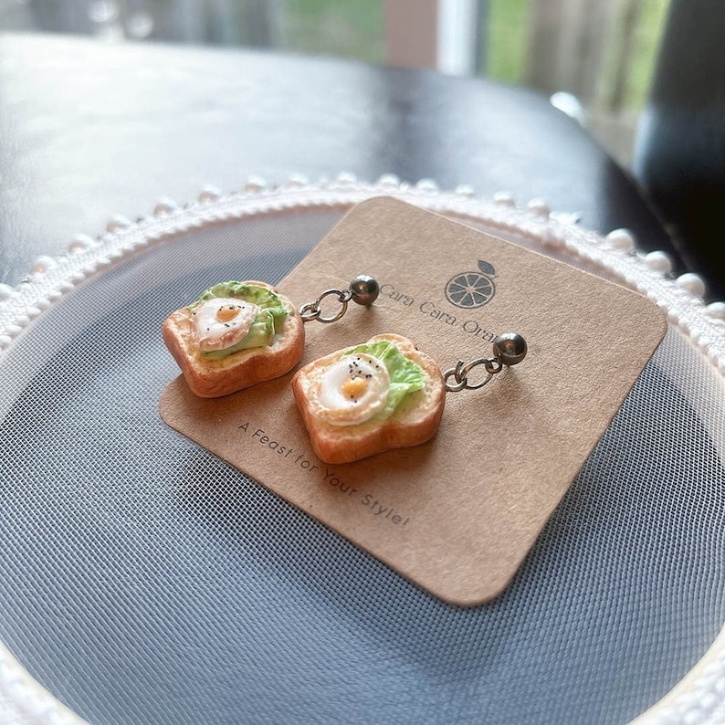 Handmade Egg Toast Dangle Earrings: Resin Clay Breakfast Jewelry