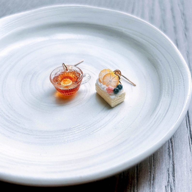Lemon Cake & Tea Cup Earrings: Handmade Resin Clay Dessert Jewelry