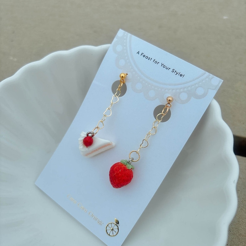 Strawberry Cake Earrings, Resin Clay Dessert Jewelry