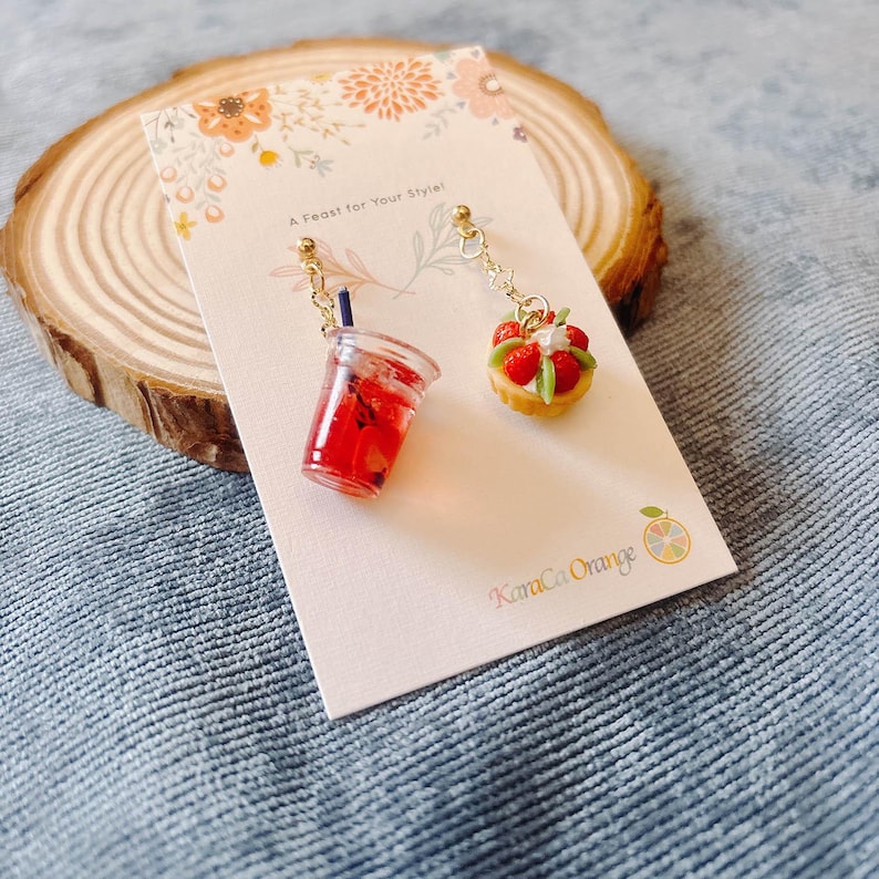 Handmade Strawberry Drink & Tart Earrings: Resin Clay Dessert Jewelry