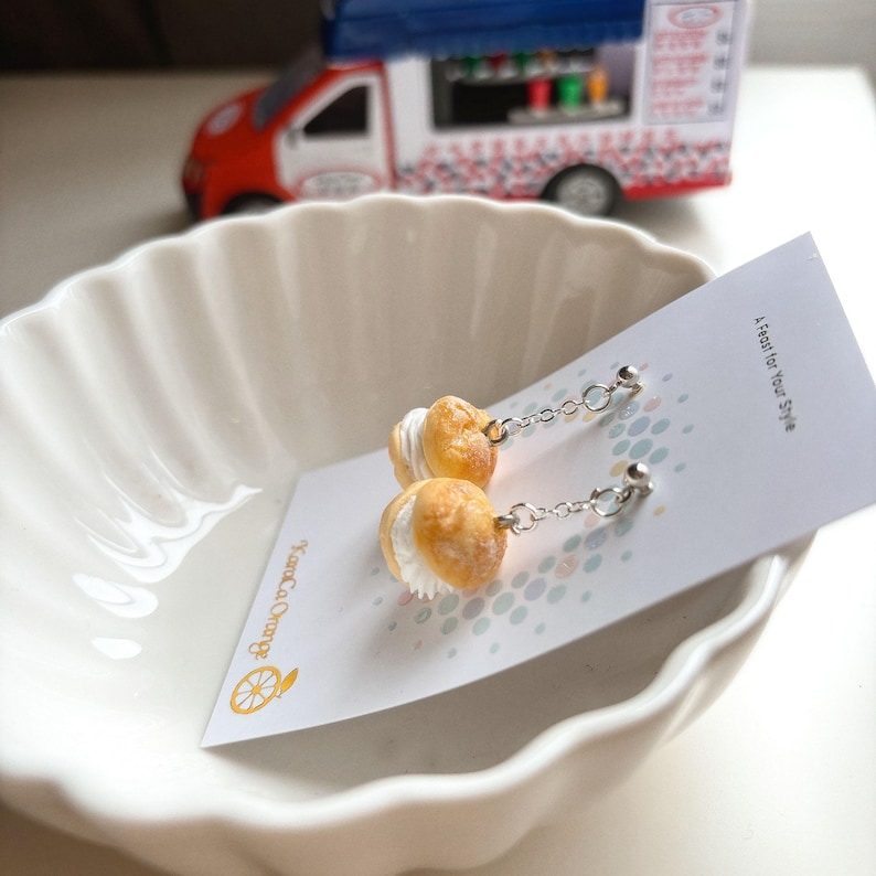 Handmade Cream Puff Earrings | Resin Clay Dessert Jewelry